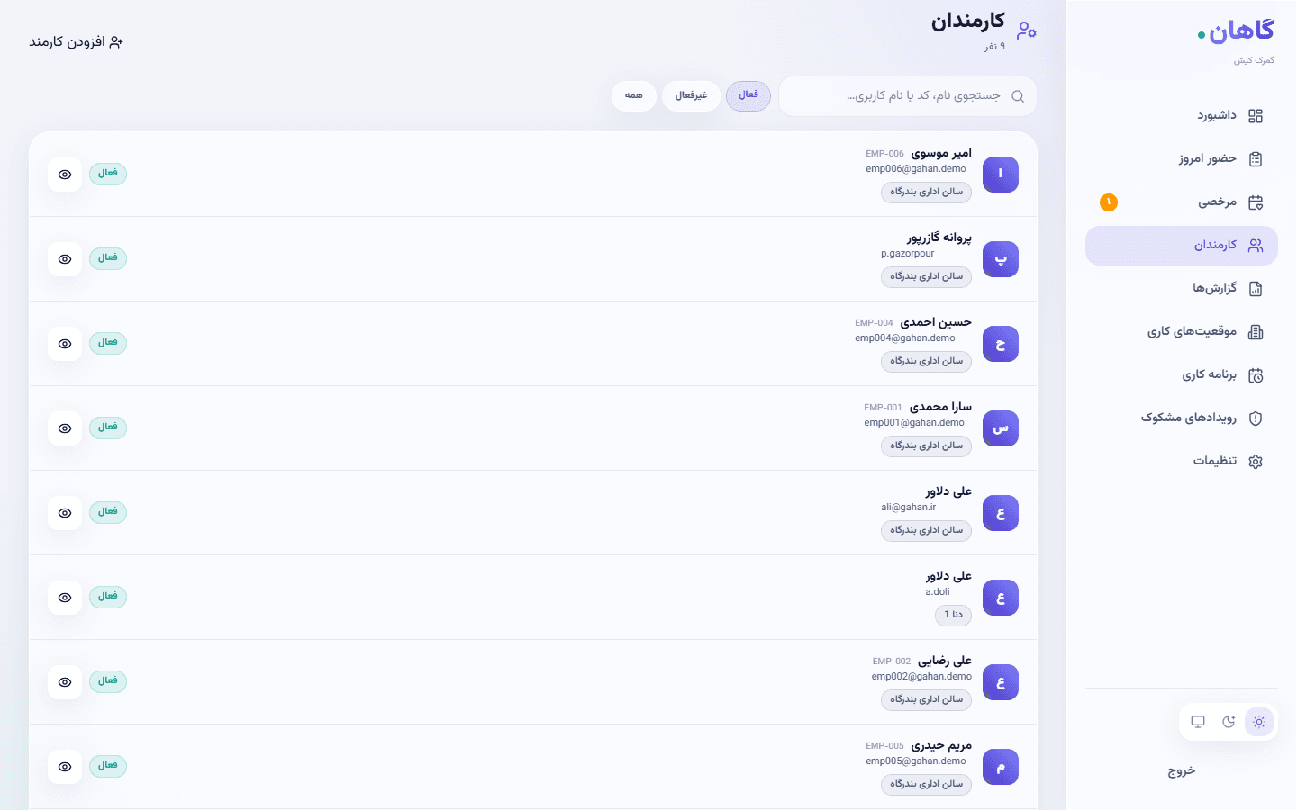 اسکرین‌شات واقعی مدیریت کارمندان گاهان